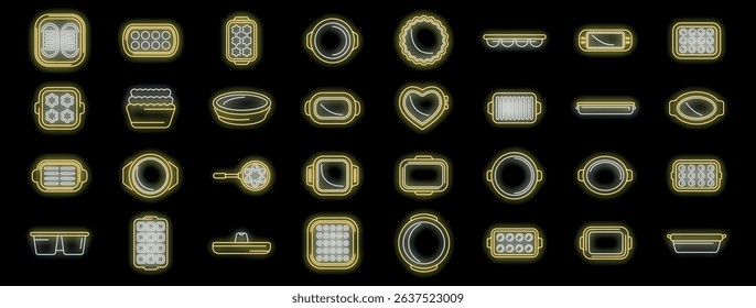 Neon icons of baking molds and trays glowing on a dark background, representing various shapes and sizes for culinary creations