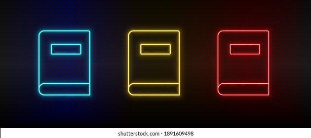 Neon icons, book. Set of red, blue, yellow neon vector icon