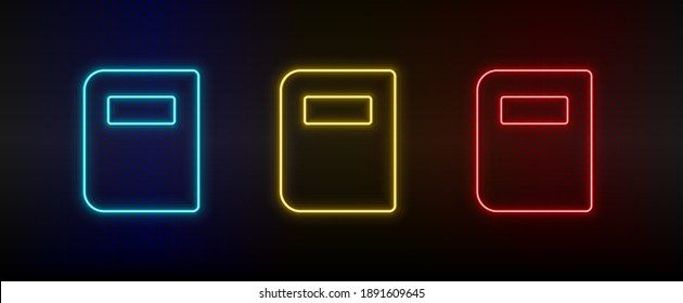 Neon icons, book. Set of red, blue, yellow neon vector icon