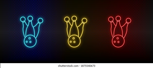 Neon icons. Bowling pins ball retro. Set of red, blue, yellow neon vector icon