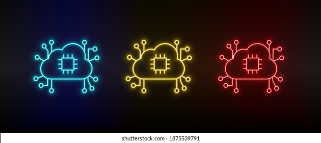 Neon icons. brain processor cloud network. Set of red, blue, yellow neon vector icon