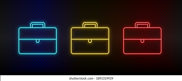 Neon icons, briefcase. Set of red, blue, yellow neon vector icon
