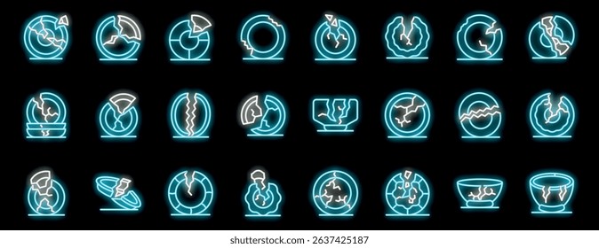 Neon icons of broken dishes, representing various states of damage and cracks, glowing brightly against a dark background