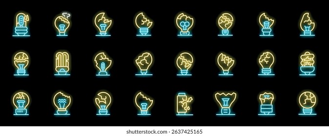 Neon icons of broken lightbulbs symbolizing a lack of ideas, creative block, and the end of innovation