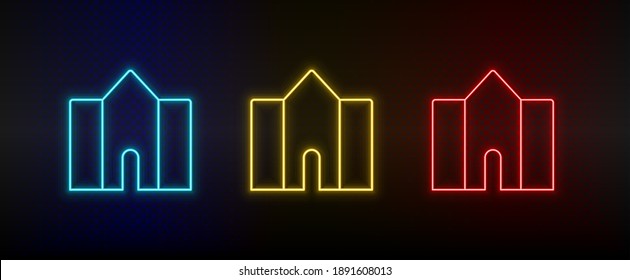 Neon icons, building, college. Set of red, blue, yellow neon vector icon