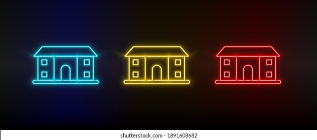 Neon icons, building, college. Set of red, blue, yellow neon vector icon