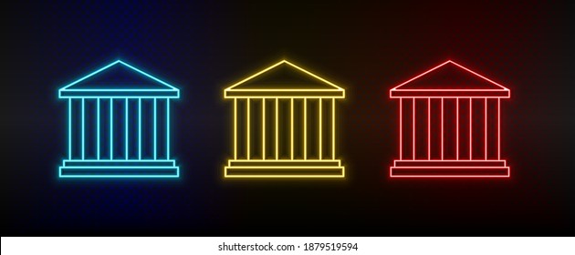 Neon icons. Building hotel. Set of red, blue, yellow neon vector icon