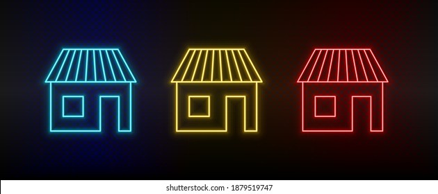 Neon icons. Building hotel. Set of red, blue, yellow neon vector icon