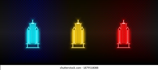 Neon icons. Building. Set of red, blue, yellow neon vector icon