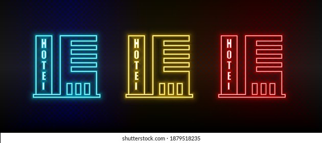 Neon icons. Building. Set of red, blue, yellow neon vector icon