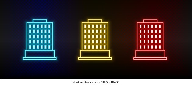 Neon icons. Building. Set of red, blue, yellow neon vector icon