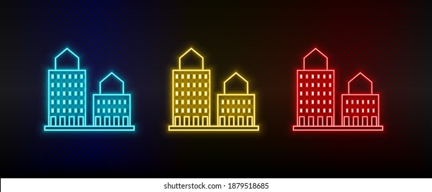Neon icons. Building. Set of red, blue, yellow neon vector icon