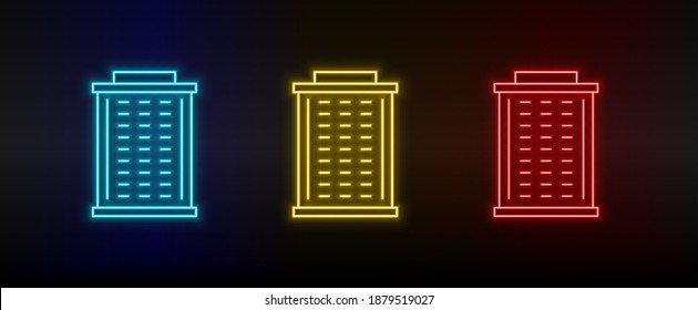 Neon icons. Building. Set of red, blue, yellow neon vector icon