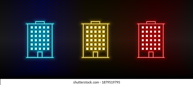 Neon icons. Building. Set of red, blue, yellow neon vector icon