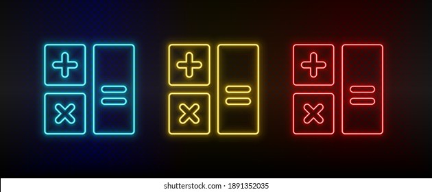 Neon icons, calculator. Set of red, blue, yellow neon vector icon