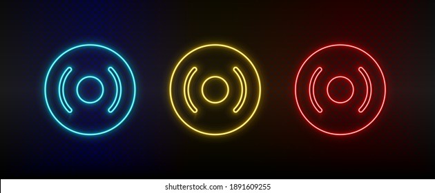 Neon icons, cd, disk, dvd. Set of red, blue, yellow neon vector icon