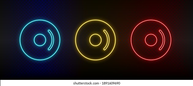 Neon icons, cd, disk, dvd. Set of red, blue, yellow neon vector icon