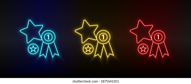 Neon icons. Certification winner favorite. Set of red, blue, yellow neon vector icon