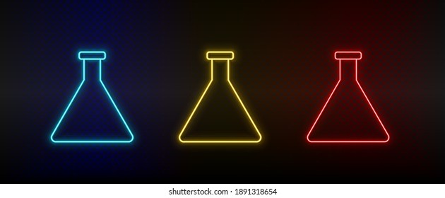 Neon icons, chemical flask. Set of red, blue, yellow neon vector icon