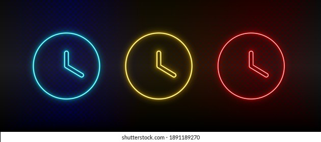 Neon icons, clock. Set of red, blue, yellow neon vector icon