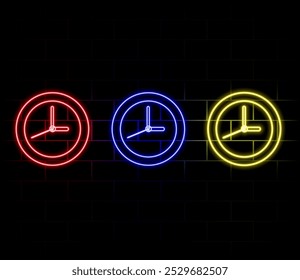 Ícones de néon, relógio. Conjunto de vermelho, azul, amarelo ícone de vetor neon.