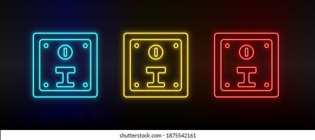 Neon icons. Coin slot retro arcade. Set of red, blue, yellow neon vector icon