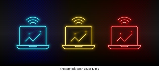Neonsymbole. Computeranalytik intelligent. Satz von rotem, blauem, gelbem NeonVektorsymbol
