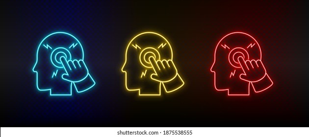 Iconos de neón. la computadora apagó a un hombre inteligente. Icono de vector de neón rojo, azul, amarillo