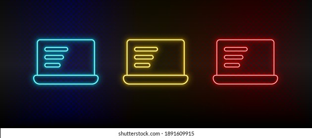 Neon icons, computer, notebook. Set of red, blue, yellow neon vector icon