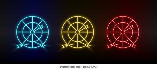 Neon icons. Dartboard target circle. Set of red, blue, yellow neon vector icon