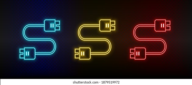 Neon icons. Database server plug in. Set of red, blue, yellow neon vector icon