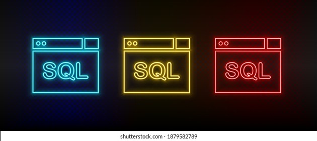 Neon icons. Database server. Set of red, blue, yellow neon vector icon