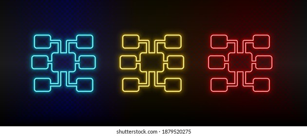 Neon icons. Database server sitemap. Set of red, blue, yellow neon vector icon