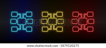 Neon icons. Database server sitemap. Set of red, blue, yellow neon vector icon