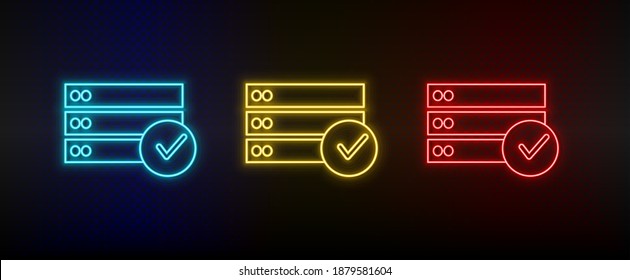 Neon icons. Database server vote yes. Set of red, blue, yellow neon vector icon