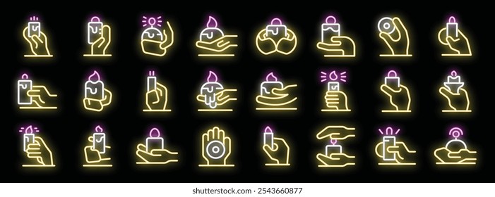 Neon icons depict various hands holding or interacting with lit candles, symbolizing remembrance, hope, or celebration