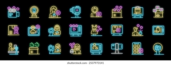 Neon icons depicting various aspects of influencer marketing, including video creation, product promotion, and online engagement
