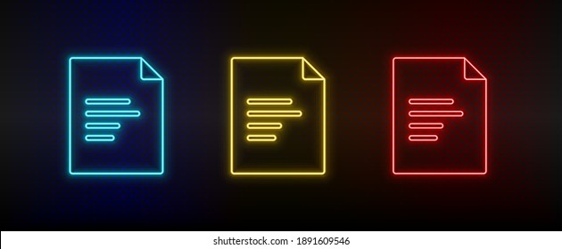 Neon icons, document. Set of red, blue, yellow neon vector icon