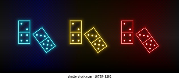 Neon icons. Domino retro arcade. Set of red, blue, yellow neon vector icon