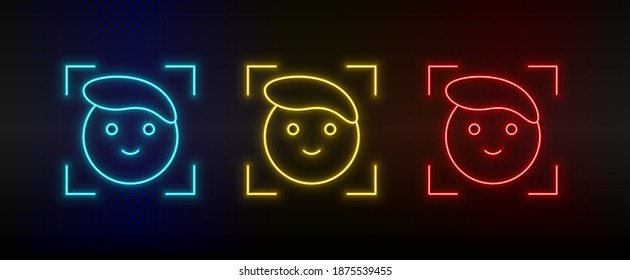 Neonsymbole. Gesichtserkennungstechnik. Satz von rotem, blauem, gelbem NeonVektorsymbol