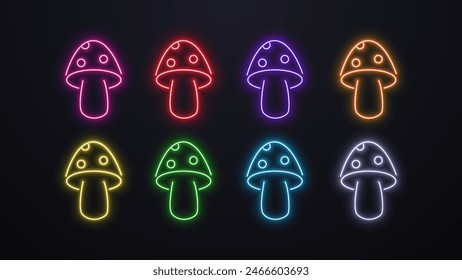 Neon icons of fly agaric mushrooms in different colors on a dark background.