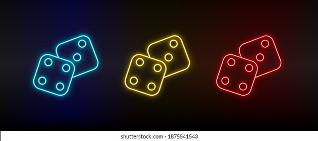 Neon icons. Gambling luck dices retro. Set of red, blue, yellow neon vector icon