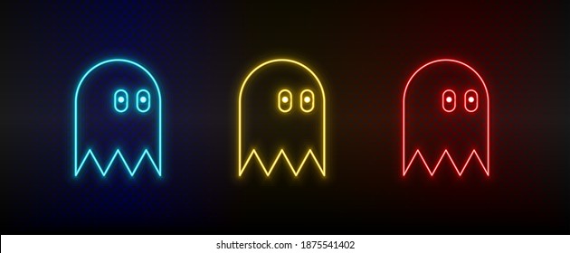 Neon icons. Game character retro arcade. Set of red, blue, yellow neon vector icon