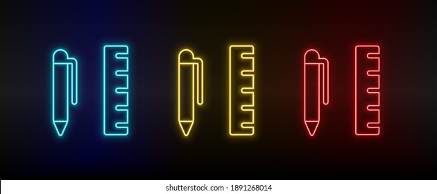 Iconos de neón, geometría, regla de medición. Icono de vector de neón rojo, azul, amarillo