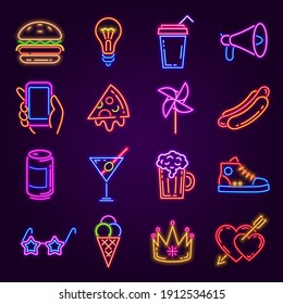 Neon icons. Glowing light for disco party. Night club or bar signs. Burger, pizza, cocktail, hand with phone and fashion glasses vector set. Shining accessories as light bulb, sneaker, megaphone