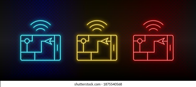 Neon icons. gps smart location. Set of red, blue, yellow neon vector icon