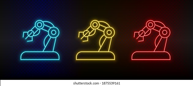 Neon icons. hand robotic arm. Set of red, blue, yellow neon vector icon