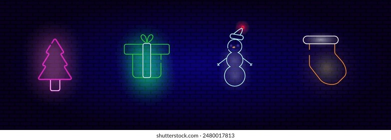 Neon icons, Happy New Year greetings in neon style. New Year neon for flyer design. Sock, snowman, gift box and Christmas tree.