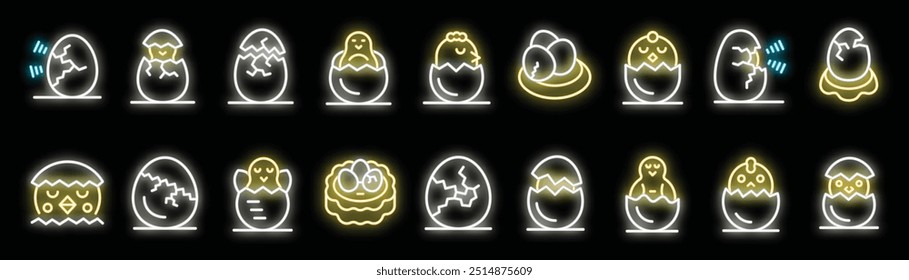 Neon icons of hatching chicks, eggshells, and newborn chickens, perfect for easter and new beginnings projects