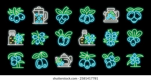 Neon icons of honeyberry or haskap berry, showing various forms and uses of the fruit, including growing on branches, processed into drinks and oils